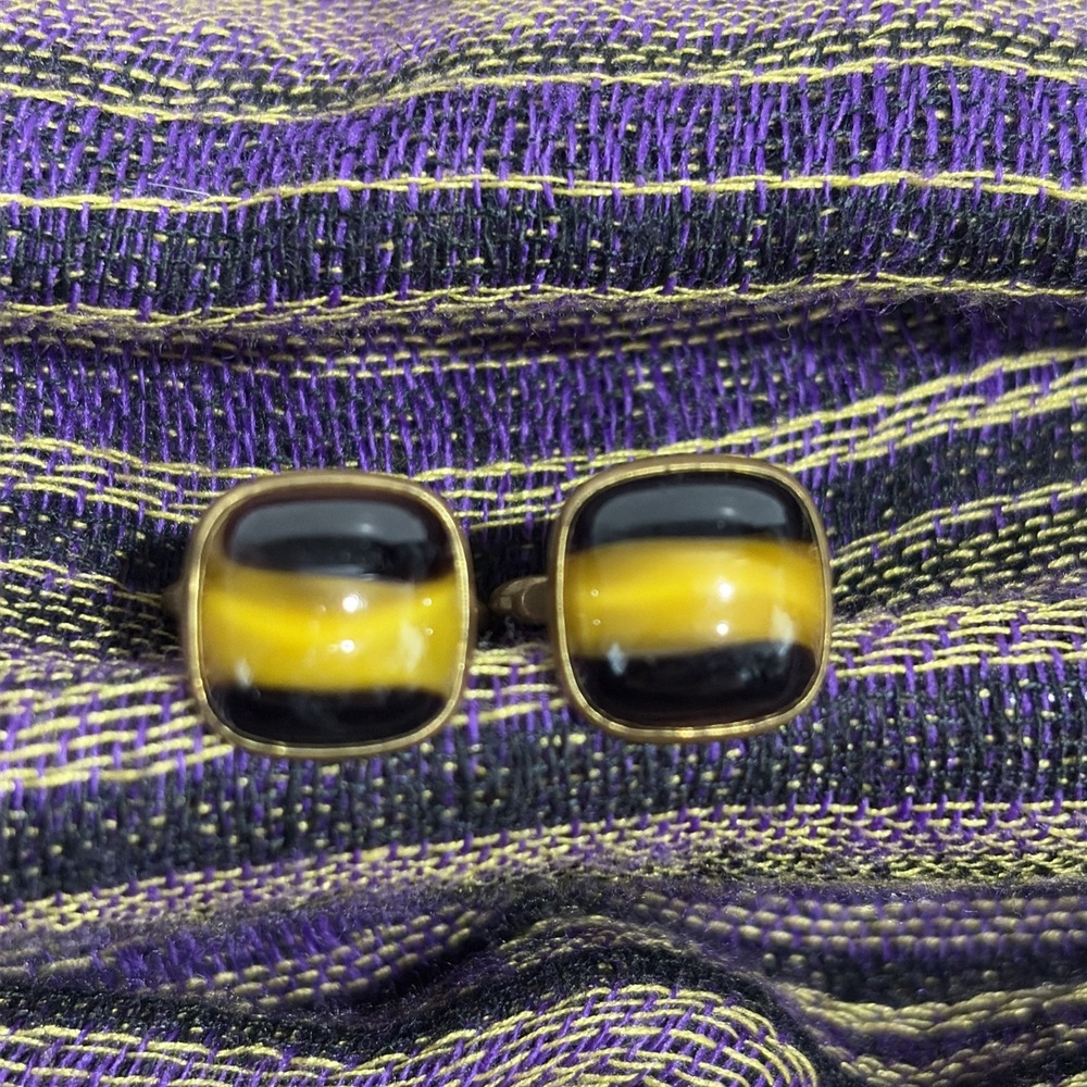 Vintage Swank Men's Cufflinks Gold Tone Yellow Black Striped "Tiger Eye" MCM
